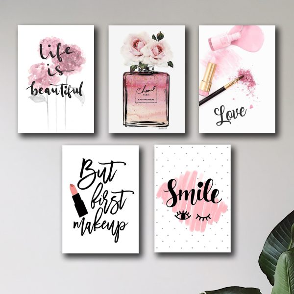 Set of 5 Makeup-Themed Wall Art Frames for Girls Room – Wooden Sticky Canvas Photo Tiles (8x11 Inches)