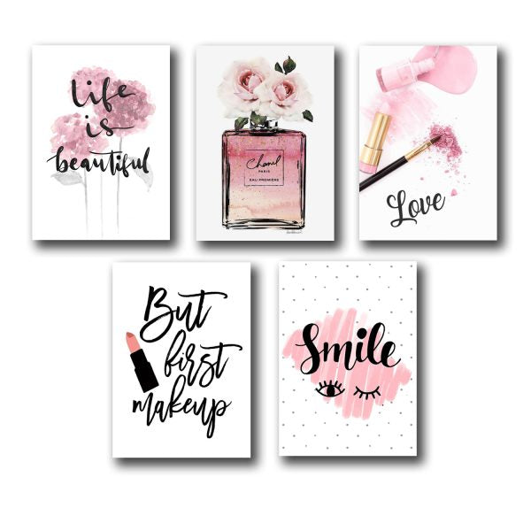 Set of 5 Makeup-Themed Wall Art Frames for Girls Room – Wooden Sticky Canvas Photo Tiles (8x11 Inches)