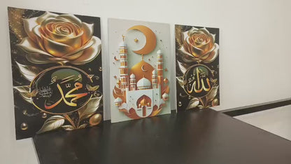Set of 3 Islamic Wall Art Frames – Floral Arabic Calligraphy Wooden Decor (8x11 Inches, Sticky Back Photo Tiles)