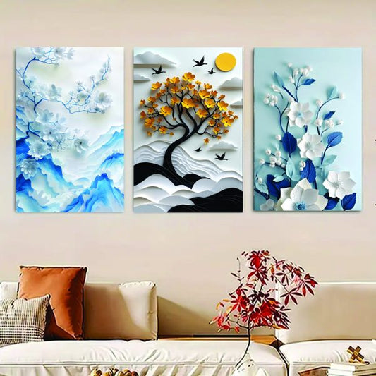 Set of 3 Floral Tree Wall Art Frames – Wooden Stickable Photo Tiles for Room Decoration (8x11 Inches)