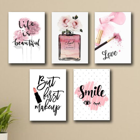 Set of 5 Makeup-Themed Wall Art Frames for Girls Room – Wooden Sticky Canvas Photo Tiles (8x11 Inches)