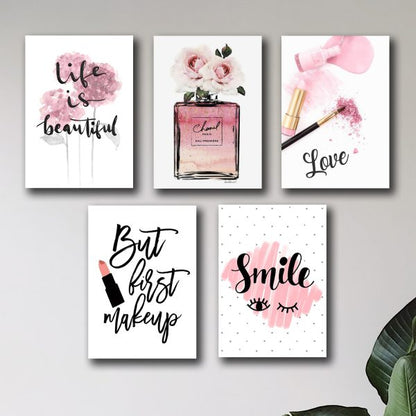 Set of 5 Makeup-Themed Wall Art Frames for Girls Room – Wooden Sticky Canvas Photo Tiles (8x11 Inches)